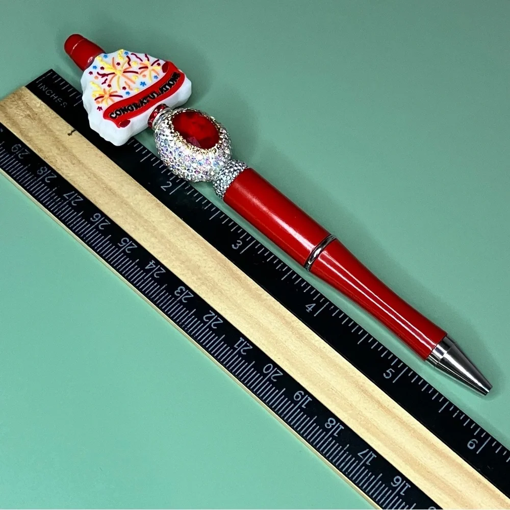 Red Congratulations Handmade Beaded Pen with Gemstone Accent